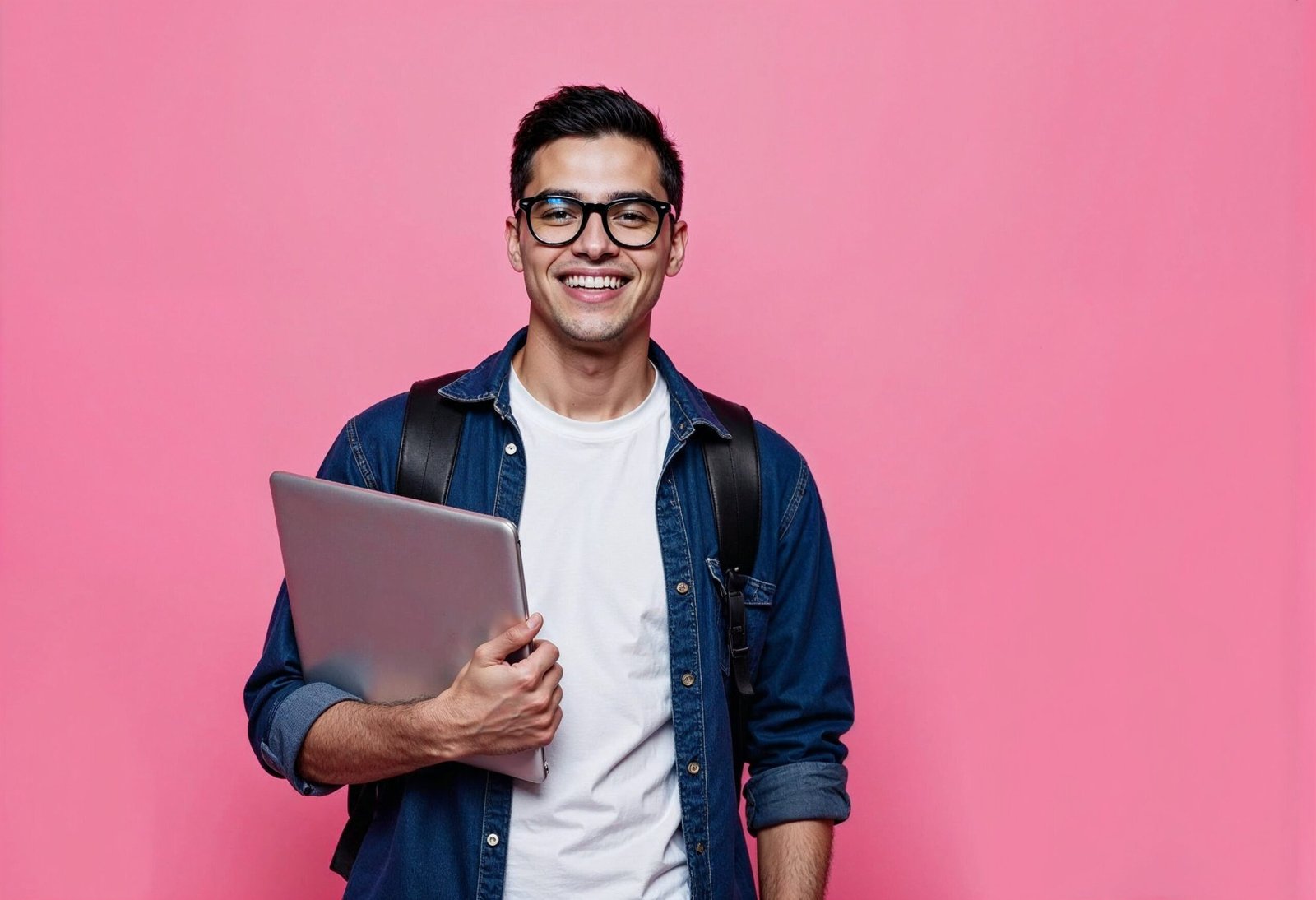 happy male student with laptop
